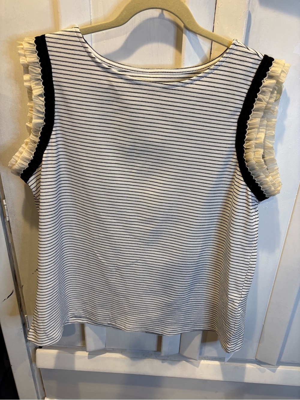Striped White & Black Ruffle Sleeve Women's Top